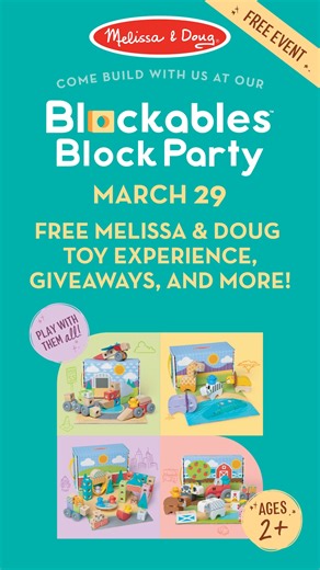 Melissa & Doug’s new Blockables™ are here, and YOU’RE invited to try them out! ✨ Click to find an event near you and play with the NEW connectable, stackable wooden blocks that spark creativity and learning. Plus, you’ll have a chance to win your own set! Don’t miss out. 🎁 #BlockablesBlockParty #MelissaandDoug #CreativePlay | Melissa & Doug
