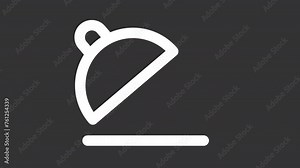 Animated cloche white icon. Opening cloche line animation. Room service in hotel. Serving food in restaurant. Isolated illustration on dark background. Transition alpha video. Motion graphic