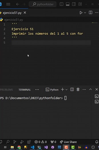 Aprendiendo python con ejercicios 51/100 Imprimir los números del 1 al 5 con for #facultadautodidacta #python #pythonprogrammer