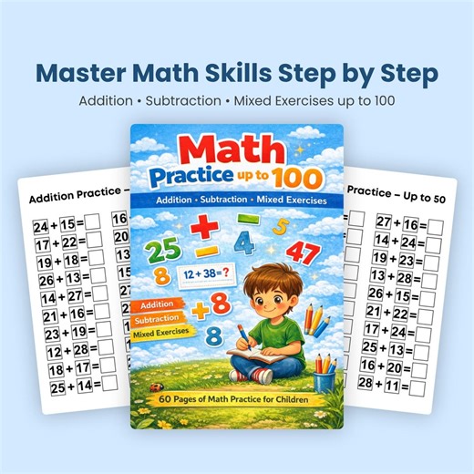 Math Practice Workbook up to 100 – Addition, Subtraction & Mixed Exercises for Kids | Kindergarten and Grade 1 Printable A4 PDF - Etsy