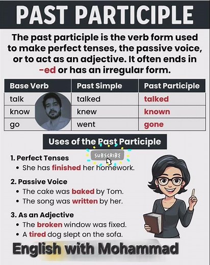 Past participle !! How to use !! To make the simple sentence !! Uses of the past participle!! Board