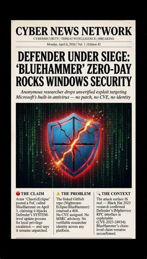 `BREAKING: "BlueHammer" Zero-Day Targets Windows Defender. #microsoft #zeroday #cybersecurity