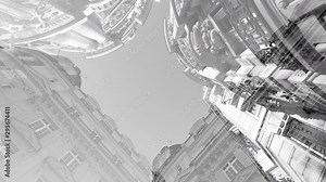 Black and white 4K UHD footage low angle view abstract composite inception footage of Parisian architecture buildings with clear blue sky