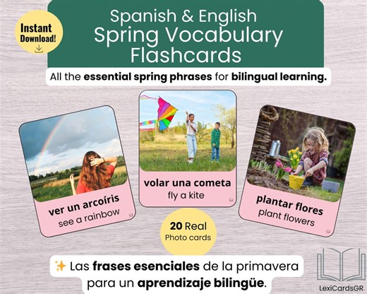 Spring Vocabulary Flashcards for Kids, Spanish English Bilingual, Essential Spring Phrases, Preschool Learning, ESL, Real Photo Cards - Etsy