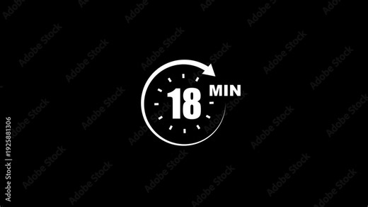 Countdown timer 18 minutes white animation on black background clock