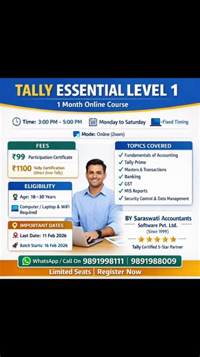 Saraswati Accountants on Instagram: "Tally Essential Level 1 | Learn Tally Prime & GST Online with Certificate #TallyEssential #TallyPrime #TallyCourse #GSTTraining #AccountingCourse OnlineTally TallyWithCertificate CommerceStudents AccountingBasics FinanceSkills SkillIndia SaraswatiAccountants Learn Accounting, GST & Tally from basics with Tally Essential Level 1, a 1-month online course specially designed for students aged 18–30 years. Classes will be conducted Monday to Saturday, 3:00 PM to 5