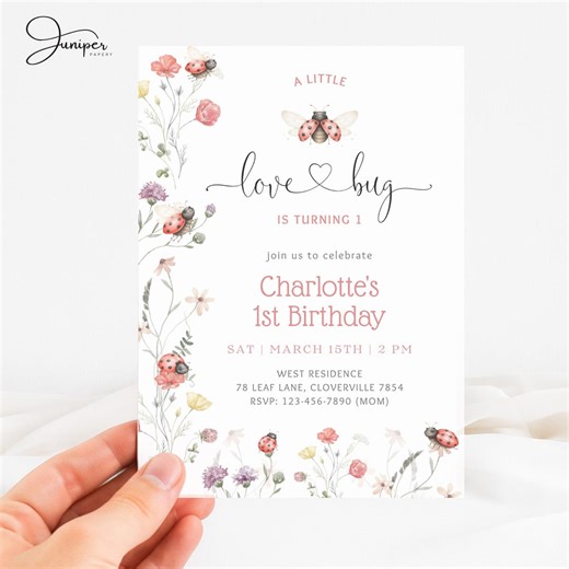 A Little Love Bug Birthday Invitation, Insect Ladybug Birthday Card, Spring Garden Party Template, Cottagecore Wildflower Invite - Etsy