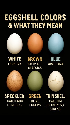 🥚 EGGSHELL COLORS & WHAT THEY MEAN Not all eggs are the same! The color of a chicken’s eggshell can reveal breed traits, diet influences, and sometimes even flock health. Here’s your quick guide: - ⚪ White → Classic layers like Leghorns. Same nutrition as any other egg. - 🟤 Brown → Common in backyard breeds (Rhode Island Reds, Orpingtons). - 🔵 Blue → From Araucanas, Ameraucanas, and Easter Eggers—thanks to the pigment oocyanin. - 🟢 Green/Olive → A mix of blue brown pigments. Often from Olive