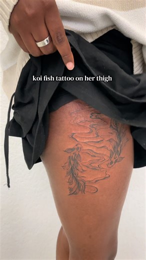 Koi fish tattoo on her thigh. Link in bio to book. #finelinetattoo #koifishtattoo #finelinetattooartist #orangecountytattooartist #thightattoos