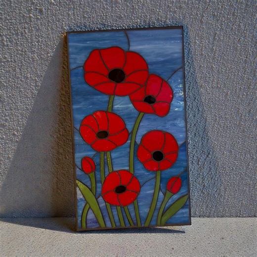 Stained Glass Mosaic Wall Hanging Panel of Red Poppies With Blue Sky Background, Glass is Grouted and Sealed, Ready to Hang - Etsy