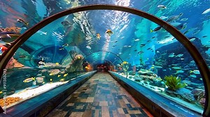 panoramic view of a large public aquarium with diverse fish species