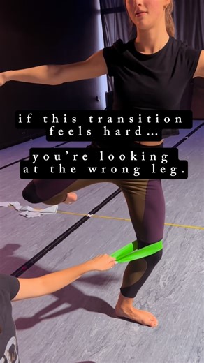 Relative Motion | Dance Technique on Instagram: "Sometimes to progress technical goals, it comes down to where you’re directing your attention. 👀🚨 The supporting leg is being challenged by a resistance band pulling it off center — not to move it, but to force it to stay organized. That resistance demands stability, waking up the supporting-side muscles (hello, glute med 👋) and creating a strong, RELIABLE base. When the supporting side is set, the working leg can transition from parallel to ta