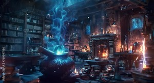Wizards brewing magical potions, spell books and bubbling cauldrons, mystical lab