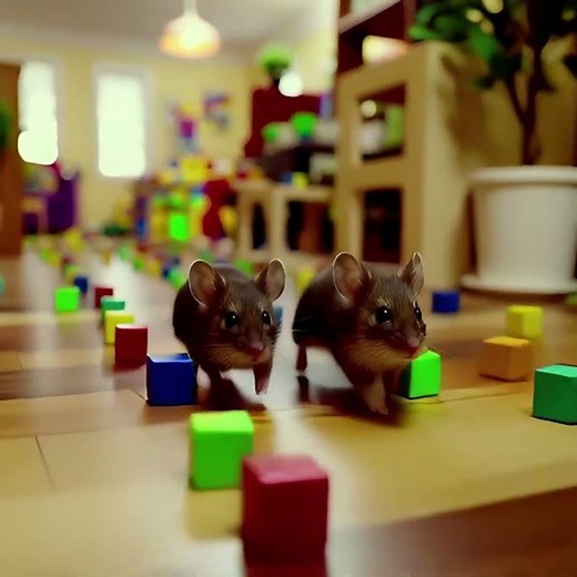 Two cute mice run through a obstacle course