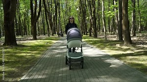 Mother with a Stroller Walks in the Park. Mom walking with a Pram in the park. Summer or Spring nature background. Glidecam 4K (UHD). Gray baby carriage. Ultra HD. Baby carriage