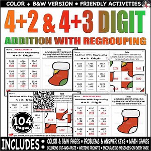 Add 4 2 & 4 3 Digit With Regrouping |Christmas Picture, Games, color, cut &paste