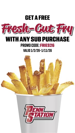 1.9K views | Get a FREE Small Fresh-Cut Fry with ANY Sub Purchase. Offer Valid Through 1/11 In-Store or Online with Code: FRIES26 https://rewards.penn-station.com/fries26 | Penn Station East Coast Subs | Facebook
