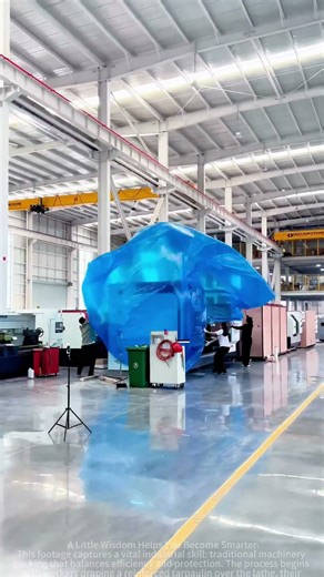 The workers are packing the large lathes using traditional methods.