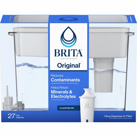 Brita 27 Cup Extra Large Plastic Water Filtration Dispenser, Grey, BPA Free with 1 Standard Brita Filter