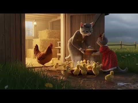 Cat Mother and doughter Helping the Chicks and Ducklings