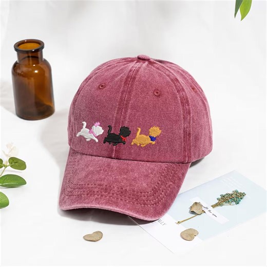 Embroidered Cat Trio Baseball Cap, Vintage Cute Cat Washed Dad Hat, Retro Minimal Pet Lover Low Profile Cap - Etsy