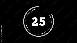 30 seconds dashed (dotted) circle countdown. Silver Grey on Black background. Big circle with inner dashed (dotted) line countdown timer. Stylish simple design. 4K Motion Graphics. Element.