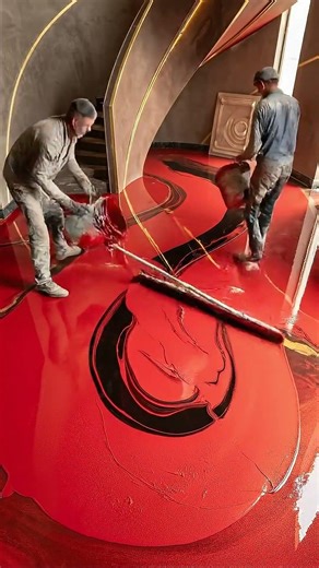 Sculptural Staircase Renovation Concept with Red Metallic Epoxy Floor