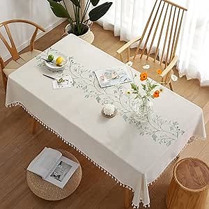 Cotton Linen Table Cloth,Waterproof Rectangle Tablecloths for Dining Table Farmhouse Kitchen Soft Fabric Table Cloths with Tassels, Fall Boho Tablecloth 55" X 70", 4-6 Seats