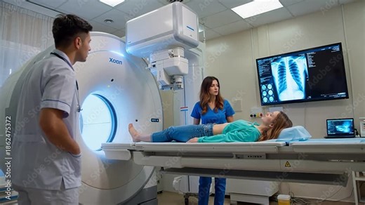 Medical professionals performing a diagnostic imaging scan on a female patient using advanced technology in a modern hospital