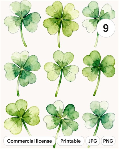 9 Leaf Clover Flower Clipart Set | Watercolor PNG & JPG | Printable Commercial Use Floral Bundle - Etsy