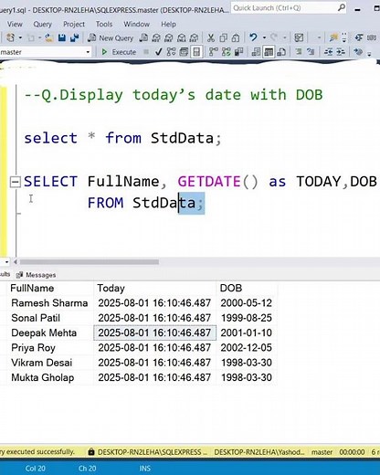 SQL Interview Questions | To Display's Today's date with DOB in SQL| Date function in SSMS GETDATE()