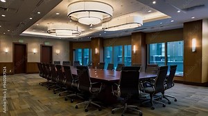 Modern Conference Room with Long Rectangular Table, Chairs, and Large Windows
