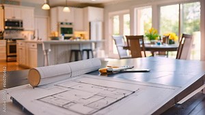 A detailed house plan is laid out on a table with a pen and pencil for measurements and adjustments, Demonstrate the steps of a DIY home improvement project through visuals