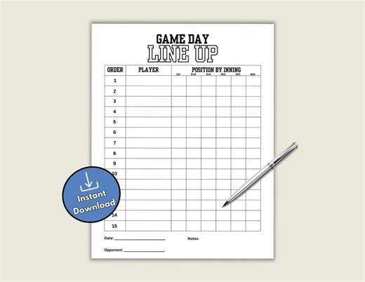 Printable Baseball Batting Order and Lineup Sheet for Baseball or Softball Coach Dugout, Lineup Card by Inning, Game Day Planner for T-ball - Etsy