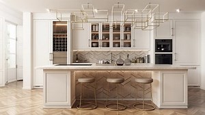 Animation of a kitchen interior designed as a combination of modern and glamour, presenting the same interior in different color versions with changing decors and finishing materials. 3D animation.