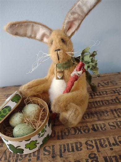 HANDMADE 7-inch Primitive Easter Bunny, Tag, Carrot, and Glass Basket of Eggs in Nest - Etsy