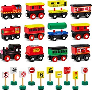 Wooden Train Set & Accessories Bundle | Toddler Toy Bundle Includes (12) Train Toys & (10) Traffic & Road Signs | Exciting Magnetic Toys for Boys & Girls | Compatible with All Train Set Tracks