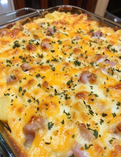 Cheesy Ham and Potato Casserole A rich, creamy casserole full of diced ham, tender potatoes, and melted cheese. Great for brunch or using up leftovers. Ingredients: 3 cups diced cooked ham 4 cups diced or shredded cooked potatoes (or thawed hash browns) 1 can (10.5 oz) cream of mushroom or chicken soup 1 cup sour cream 2 cups shredded cheddar cheese 1/2 tsp onion powder 1/4 tsp garlic powder Salt and pepper to taste Instructions: Preheat oven to 375°F (190°C). Grease a 9x13-inch baking dish. In