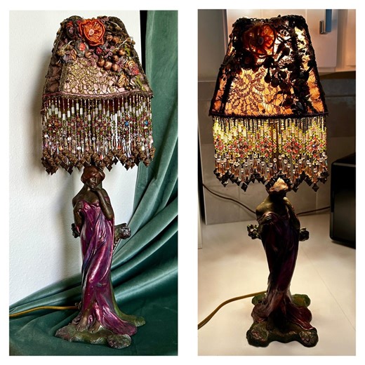 Vintage Art Nouveau Lady Lamp Base & Ornate Handmade Lampshade Beaded Fringe - Etsy