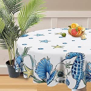 Spring Summer Coastal Round Tablecloth 70 x 70 Inch, Starfish Sea Horse Shell Anemone Flower Decorative Table Cloth Dining Table Cover, Beach Nautical Conch Dinner Party Picnic Decoration