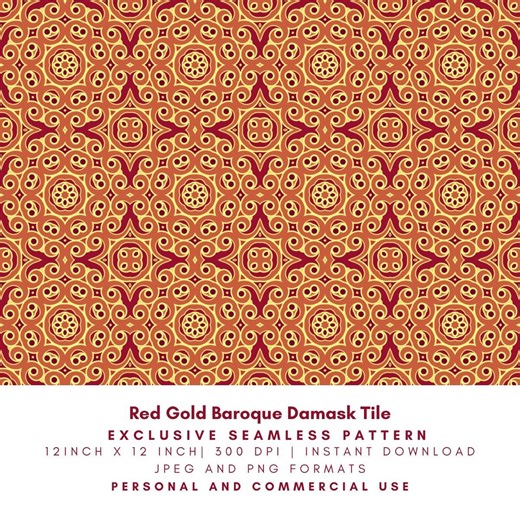 Exclusive Seamless Pattern Red Gold Baroque Damask Tile | One-time Sale Surface Design for Fabric, Wallpaper, Packaging, Digital Download - Etsy