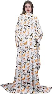 Dog Pattern Wearable Blanket with Sleeves, Cute Dog Animals Soft Fleece Blanket with Arms for Men Adult Kids, Puppy Dog Cozy Warm Fuzzy Flannel Blanket for Bed Couch Sofa Winter Gift, 50"x50"