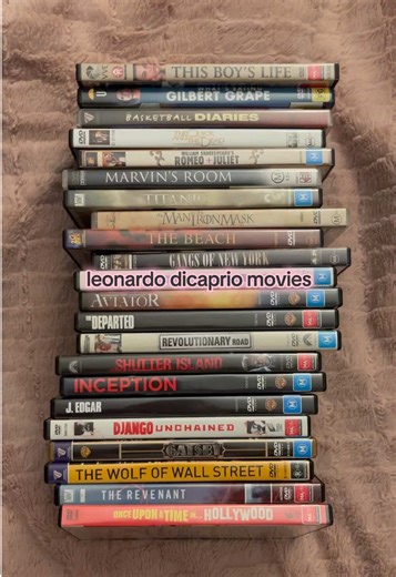 all the leonardo dicaprio movies i currently have in my collection 💘 (this boy's life, what's eating gilbert grape, the basketball diaries, the quick and the d***, romeo   juliet, marvin's room, titanic, the man with the iron mask, the beach, gangs of new york, catch me if you can, the aviator, the departed, revolutionary road, shutter island, inception, j. edgar, django unchained, the great gatsby, the wolf of wall street, the revenant, once upon a time in hollywood) #leonardodicaprio #filmtok