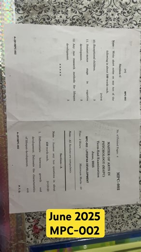 IGNOU June 2025 mapc question paper. MPC-002 Lifespan development. MPC june 2025