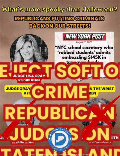 First Republican Judge Matthew Blum displayed bad judgement. Now it’s Republican Judge Lisa Grey. She allowed a convicted criminal who stole over $140,000 from our children off the hook without jail time. There’s a pattern here: the Staten Island Republican Party has bad judgement. Remy Smith & Matthew Blum must be rejected. Vote for fair, common sense democrats that are supported by law enforcement and care about safe streets & quality of life. #statenisland #vote | The Staten Island Democratic
