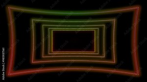 Orange green rectangles frames border zooming flying forward through rectangular corridor, long seamless looped tunnel animation rectangle frame border, appearing glowing 4k