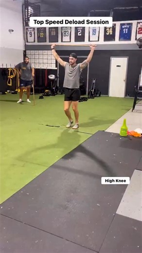 Little bit of what our linear speed training looks like during a deload Simple rhythmic patterns to keep polishing top speed technique 1. High Knee w Dowel 2. Butt Kick w Dowel 3. Step Over w Dowel 4. Step Over Buildups Each were 2x 15 yards and after our full linear prep. | Overtime Athletes