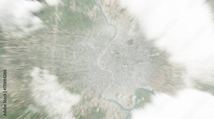 Earth zoom in from space to Bangkok, Thailand. Followed by zoom out through clouds and atmosphere into space. Satellite view. Travel intro. Images from NASA