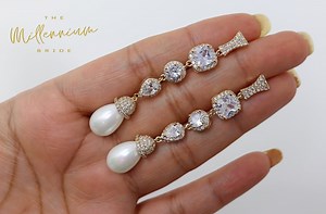 Cubic Zirconia Diamond Pearl Drop Gold Plated Earring, Diamond Earrings, Long Bridal Jewelry, Crystal Bridal Earrings, Statement Earrings Cz - Etsy