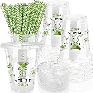 50 Sets A Tini Bit Older Disposable Cups with Lids and Straws 12 oz Martini Plastic Cups Tiny Bit Older Party Drinking Cups Martini Party Decorations A Tini Bit Older Birthday Decor Supplies